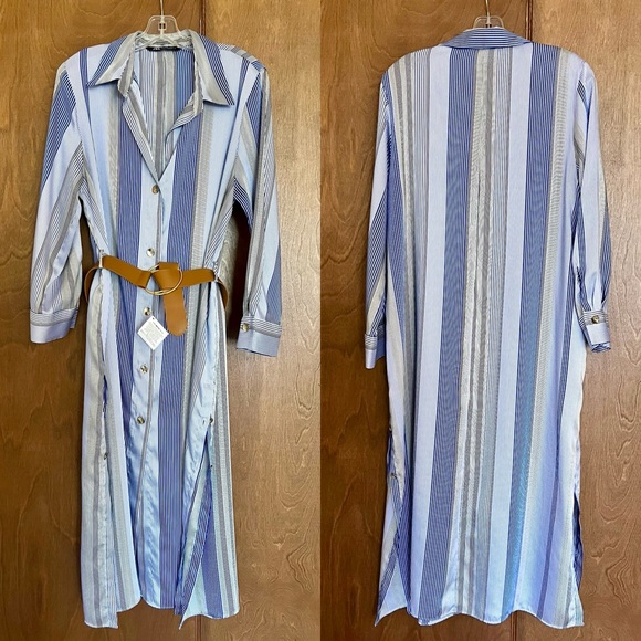 Zara Blue Stripe Satin Effect Midi Shirt Dress w Button Side Slits - Picture 4 of 13